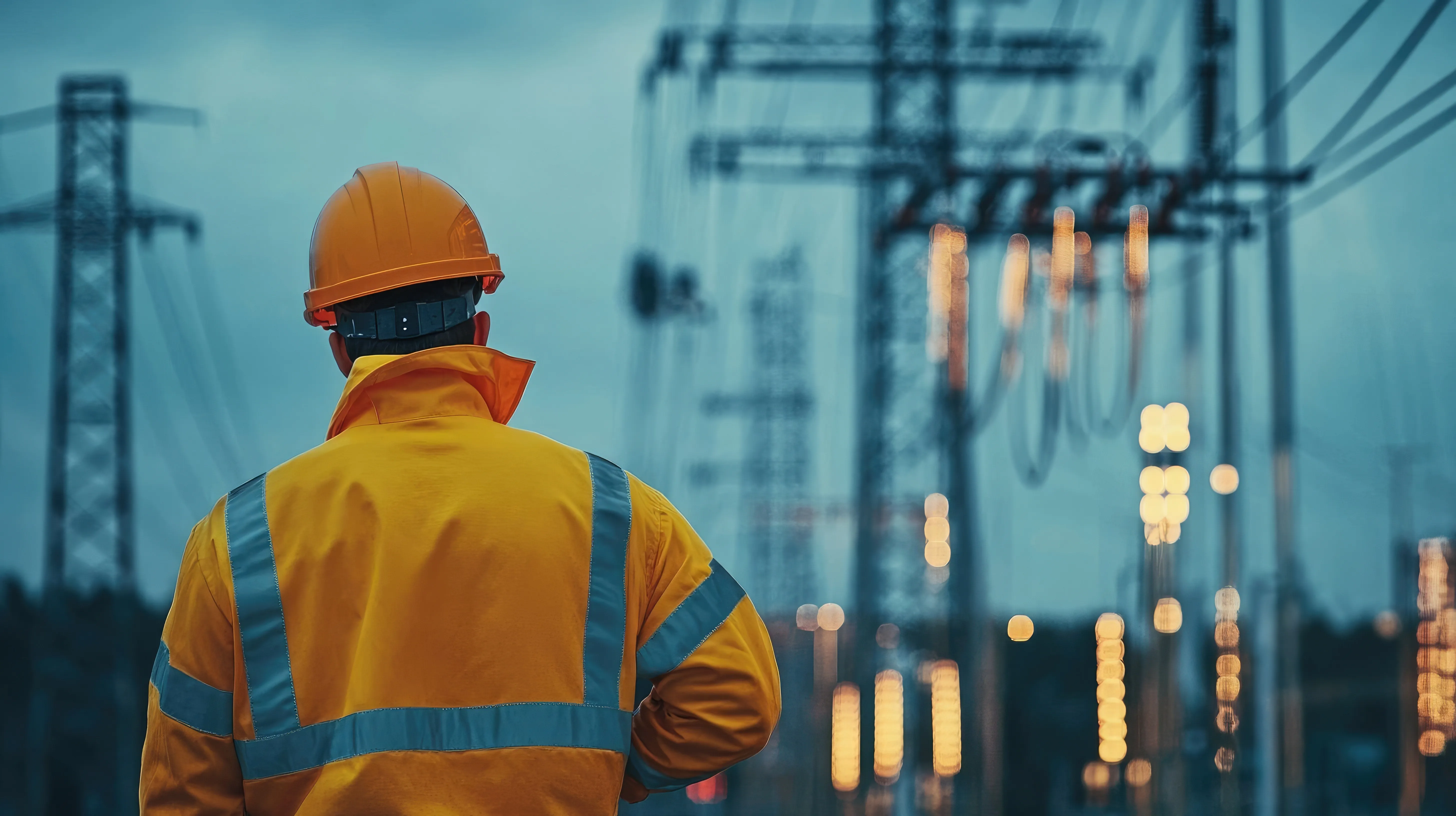 Technicien en tenue haute visibilité face à un poste électrique