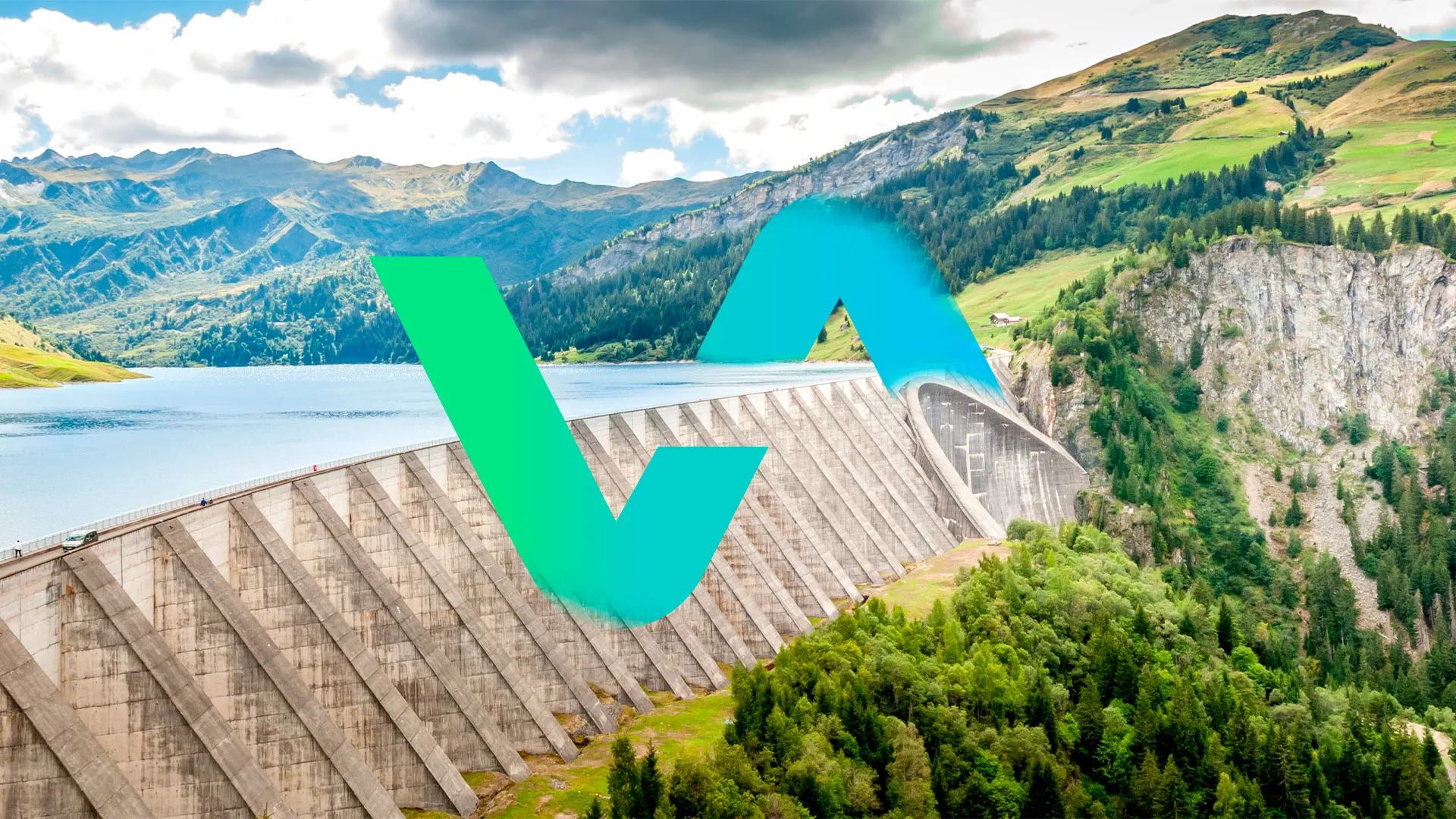Barrage hydroélectrique en montagne, avec le sigle Atlantic Ingénierie