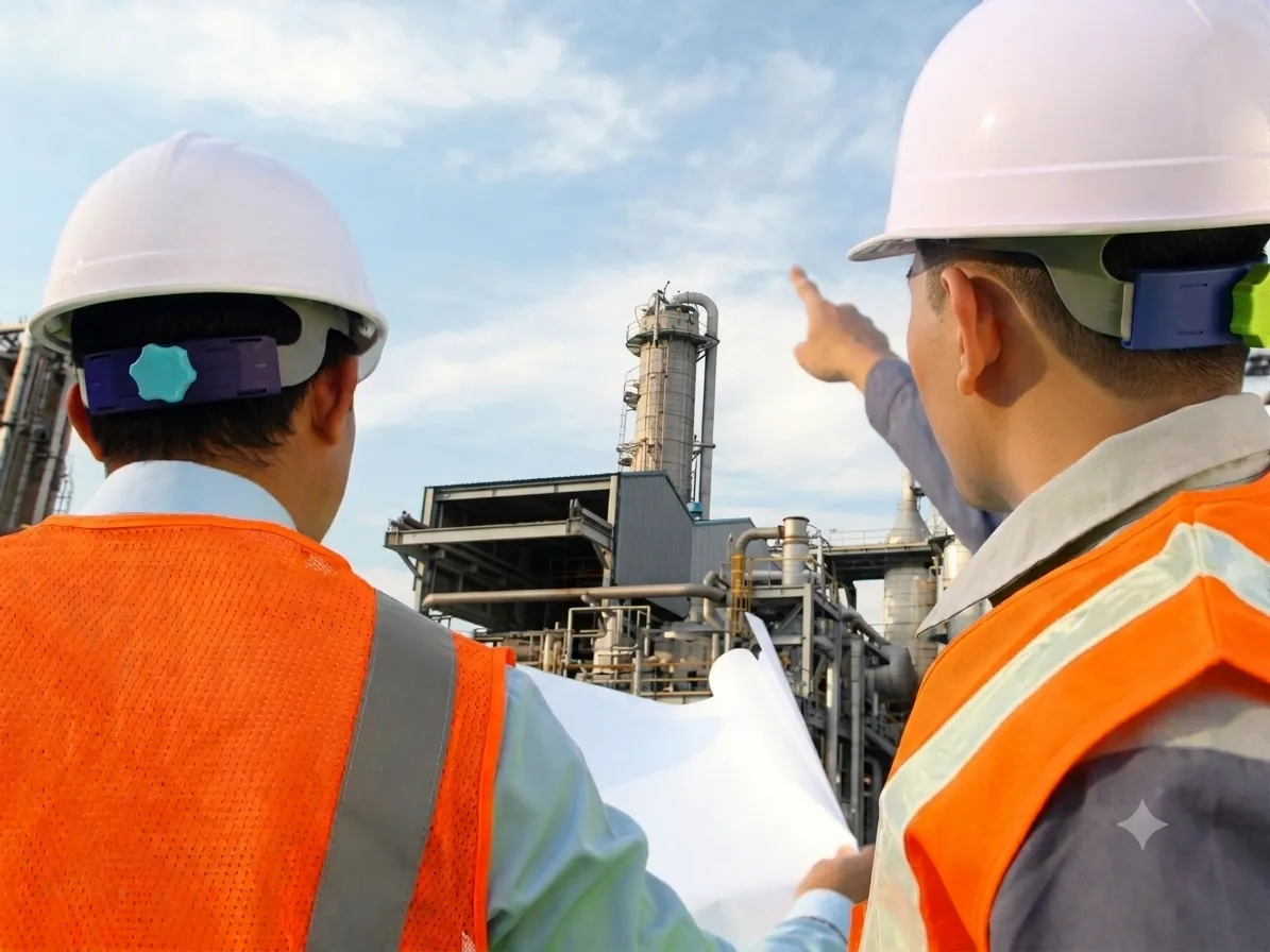 Deux techniciens en casque observant une installation industrielle
