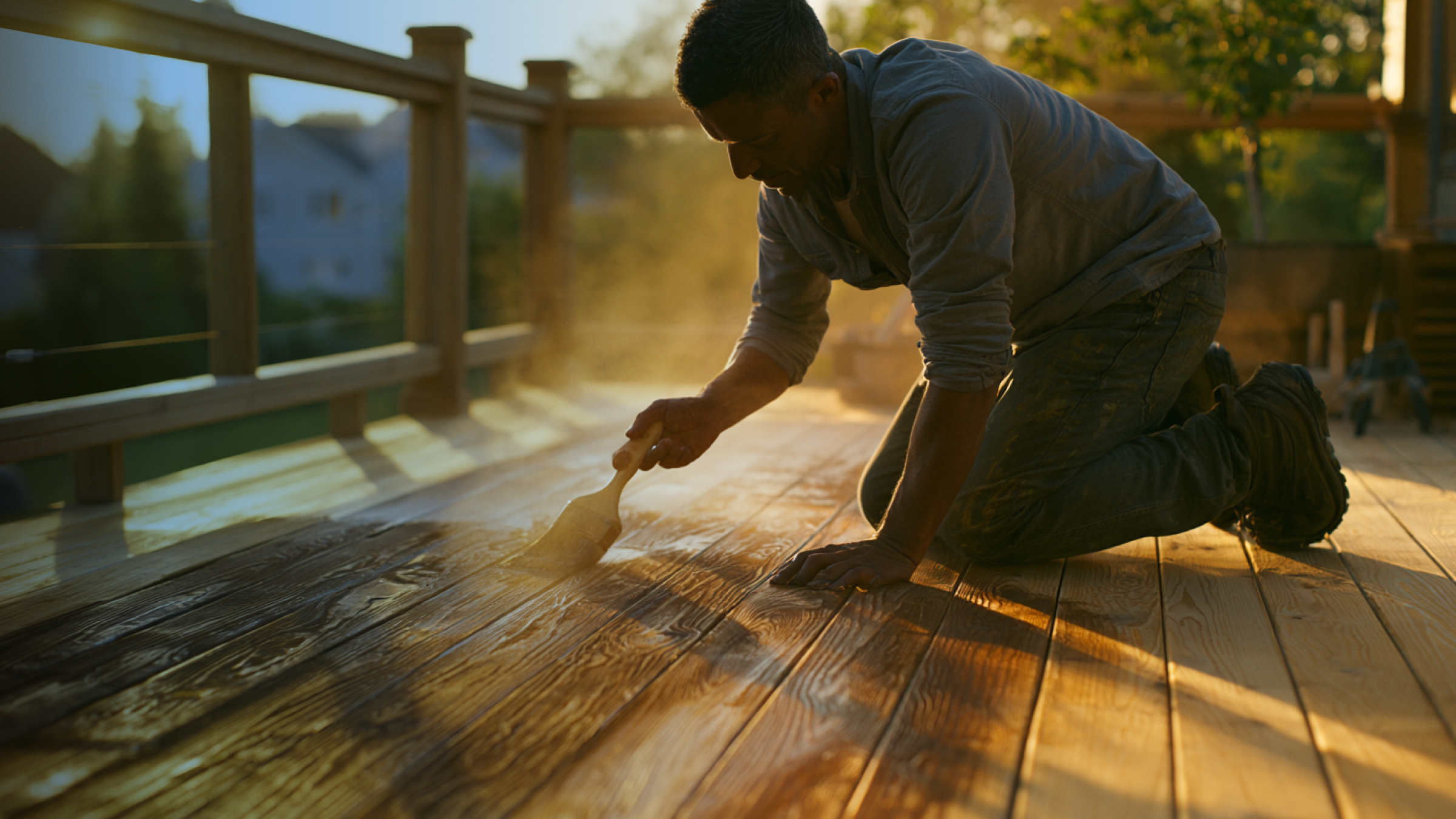 Contractor applying stain to a wooden deck