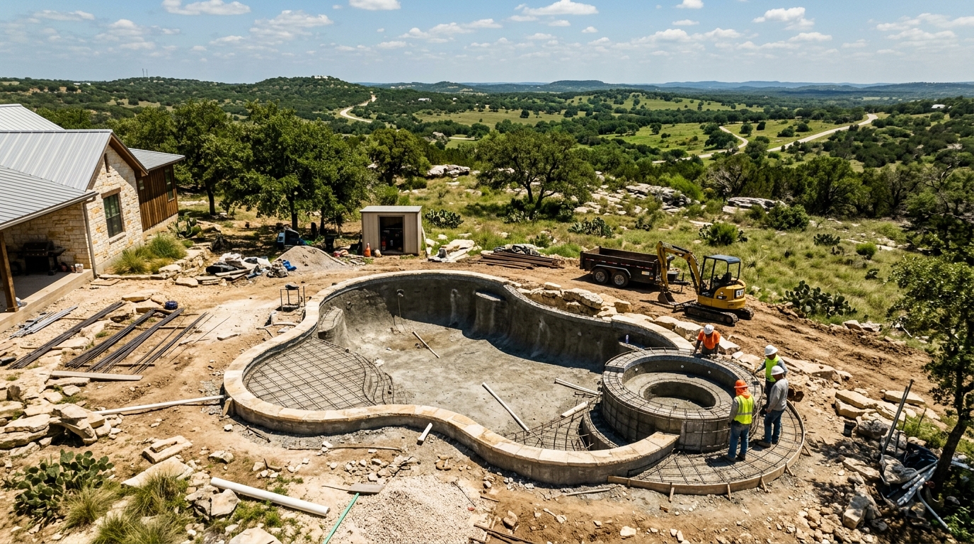 An aerial view of a beautiful custom gunite swimming pool under construction in a Texas Hill Country backyard.