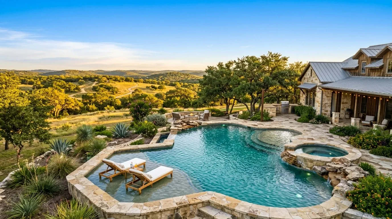 A stunning aerial photo of a newly built custom gunite swimming pool in a Texas Hill Country backyard at golden hour.