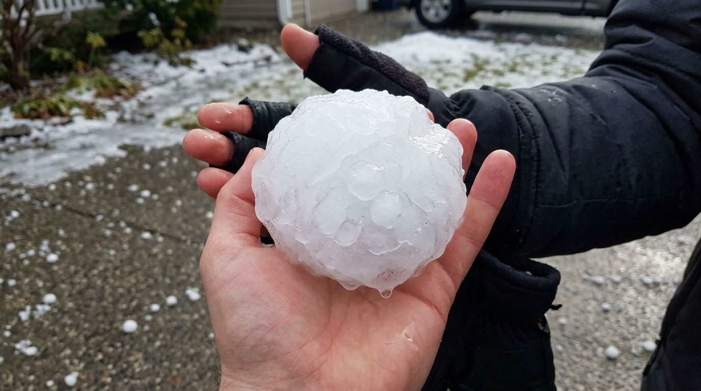 Grapefruit-sized hailstone held in hand, Texas Hill Country