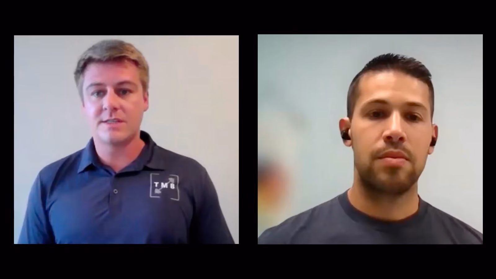 Two men talking on a virtual podcast.