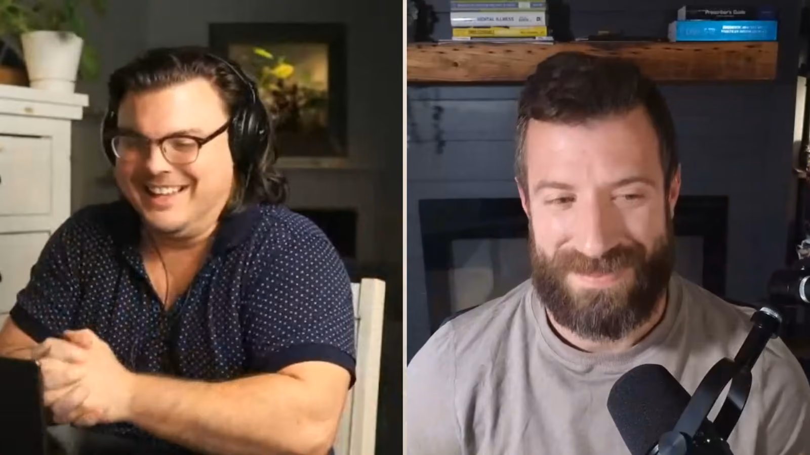 Two people talking on a virtual podcast.