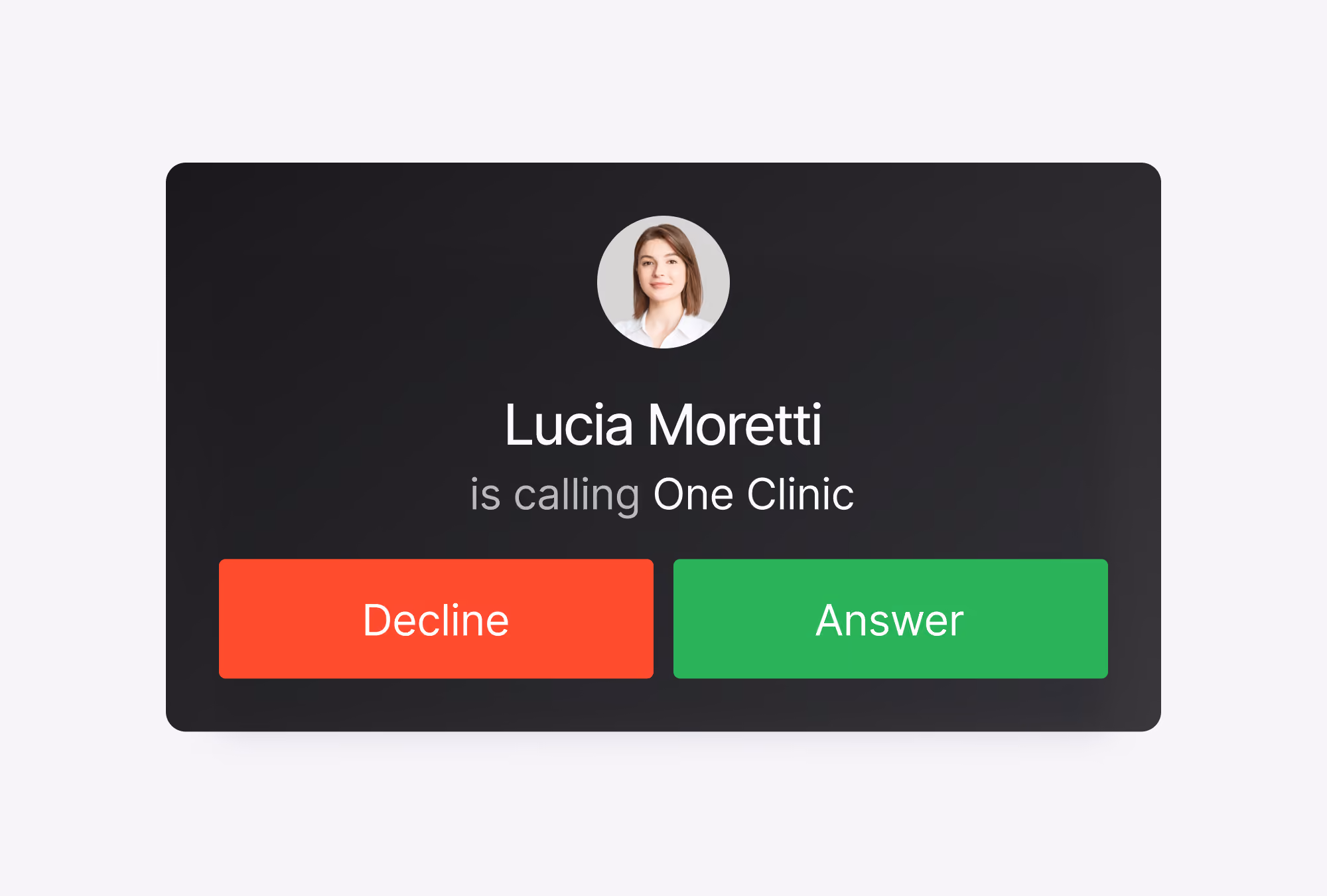 Incoming call screen showing Lucia Moretti calling One Clinic with options to decline or answer.