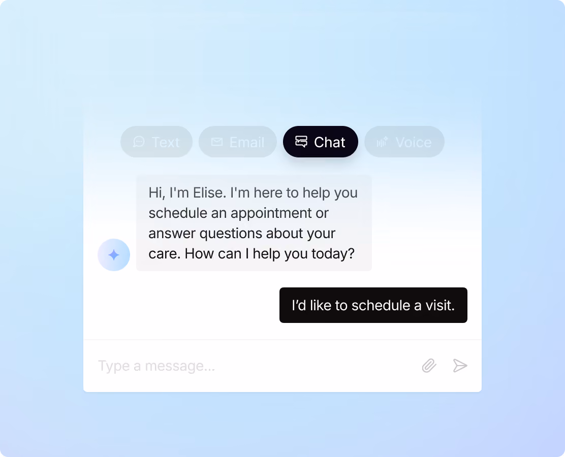Chat interface with Elise offering help to schedule appointments or answer care questions.