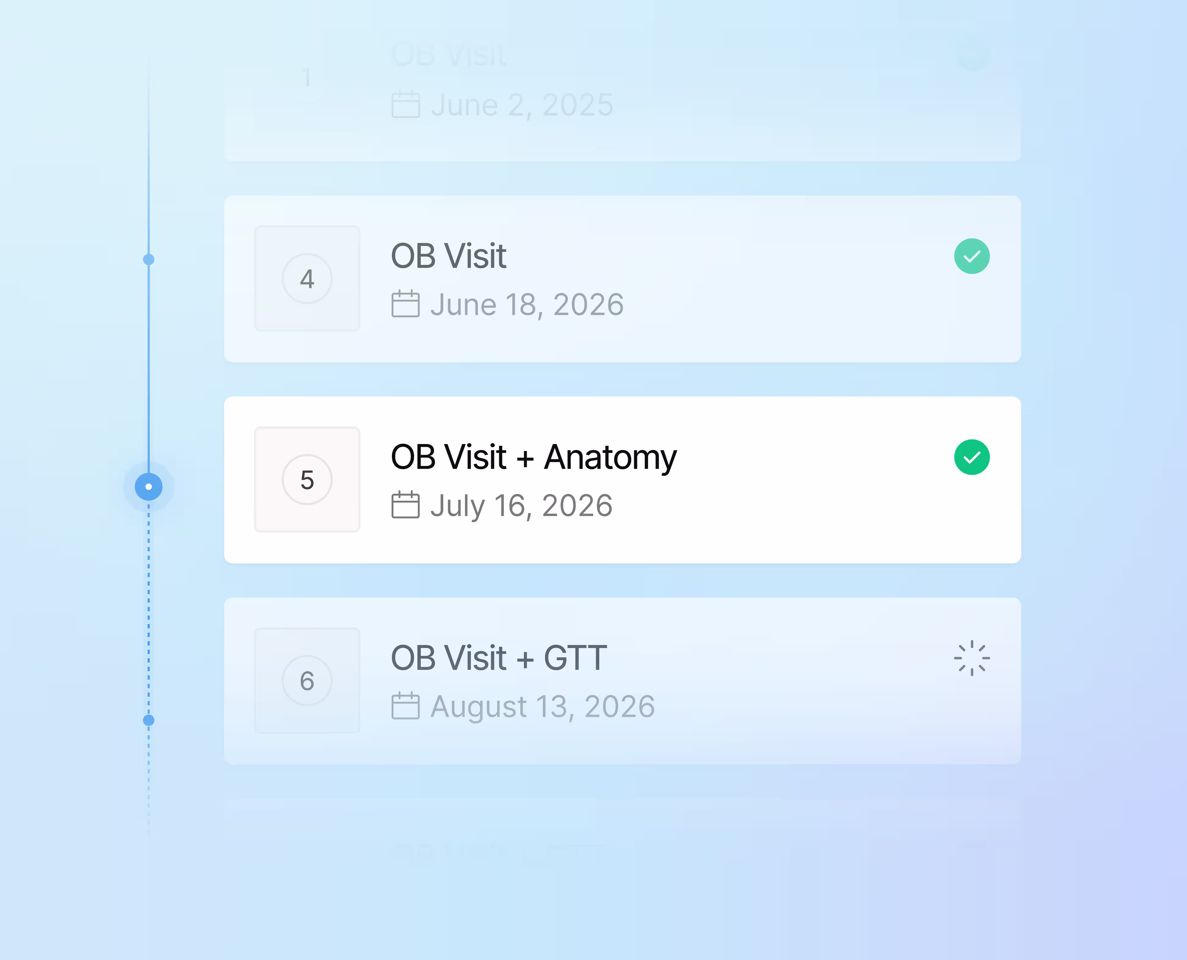 Timeline of OB visits with dates from June to August 2026, two marked complete with checkmarks.