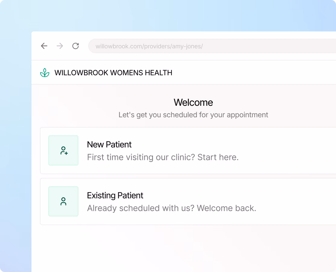 Willowbrook Womens Health appointment page with options for new or existing patients to schedule visits.