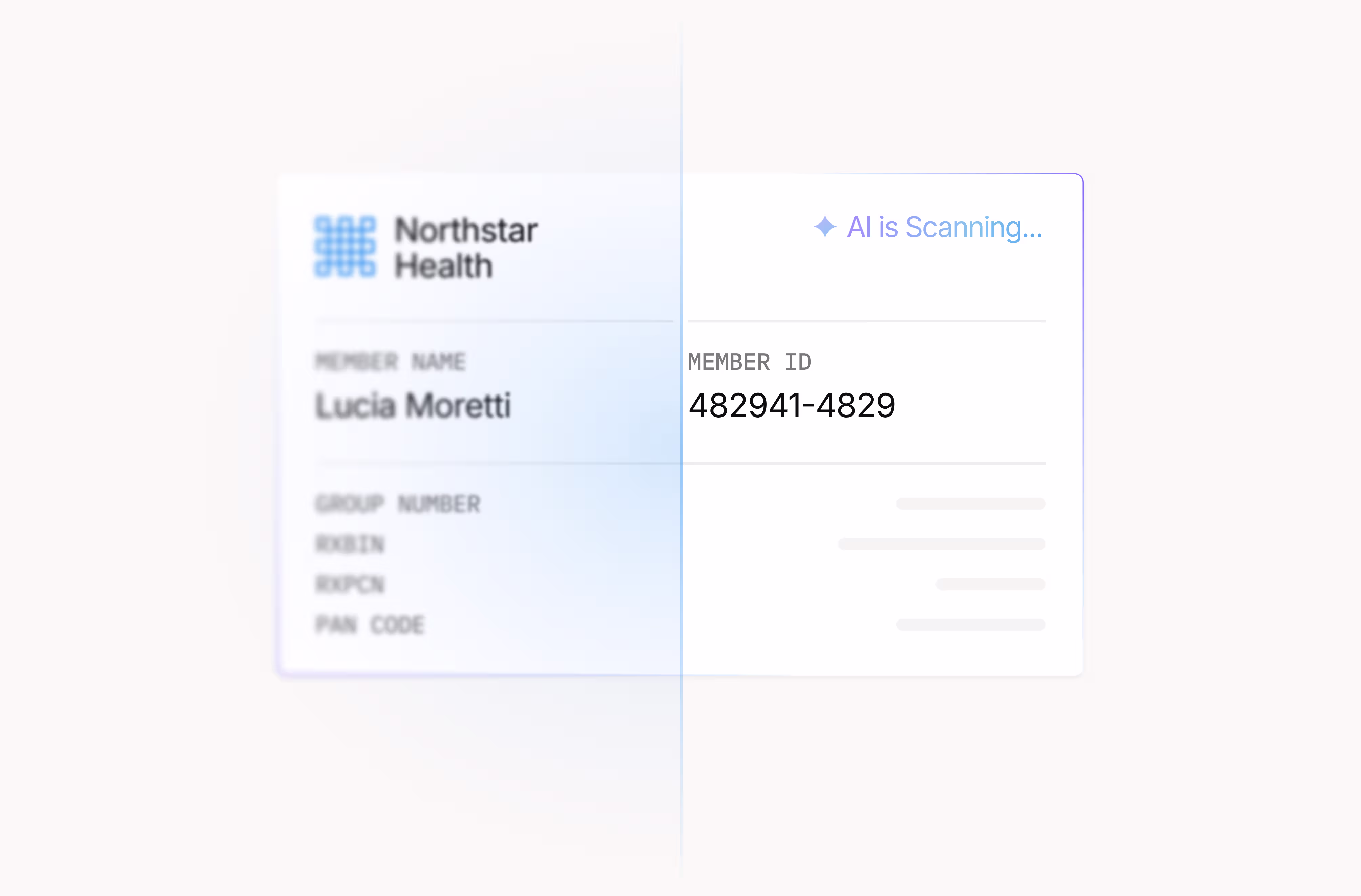 Northstar Health card showing member name Lucia Moretti and member ID 482941-4829 with AI scanning.