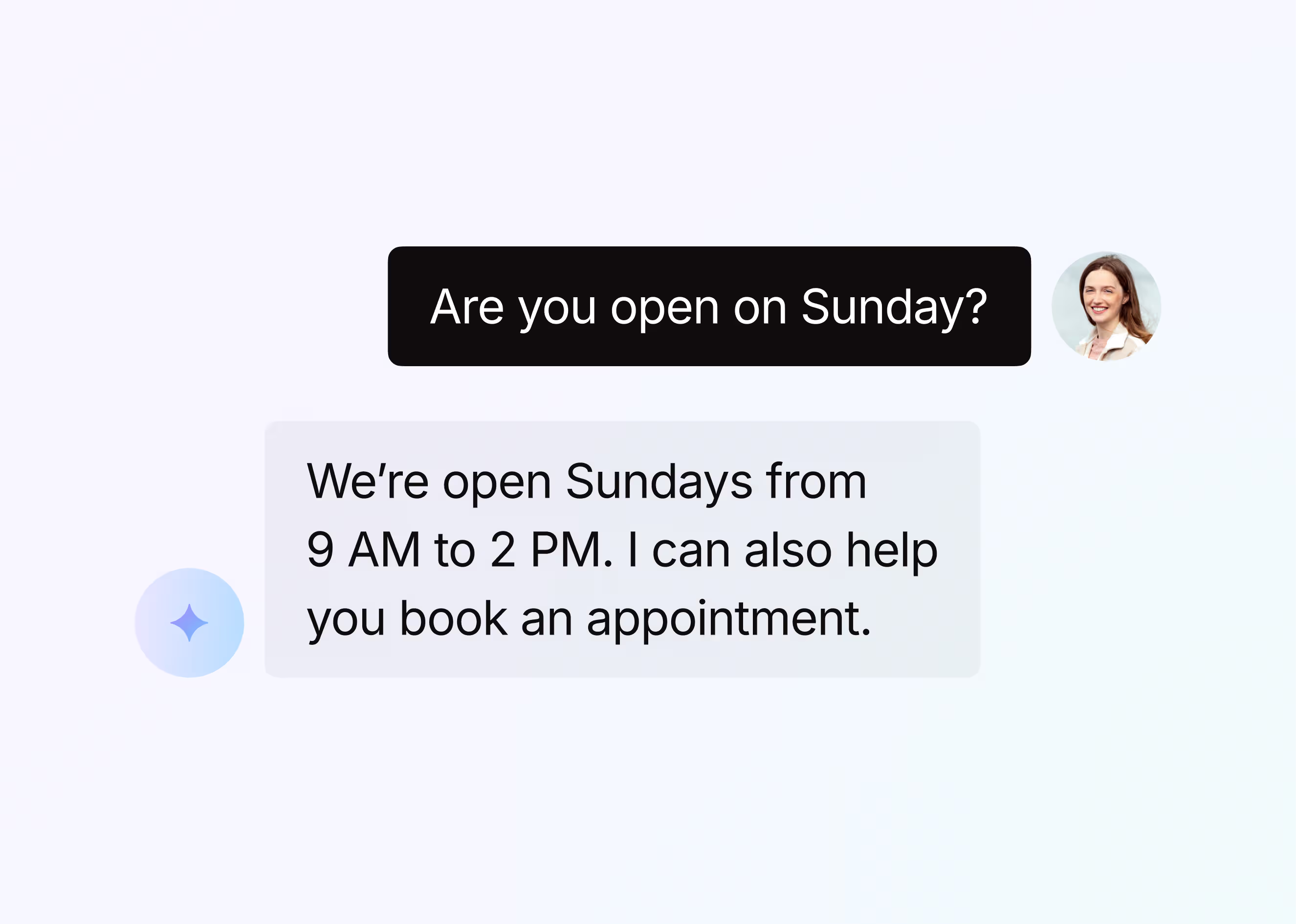 Chat asking if open on Sunday and reply with hours from 9 AM to 2 PM plus booking help offer.