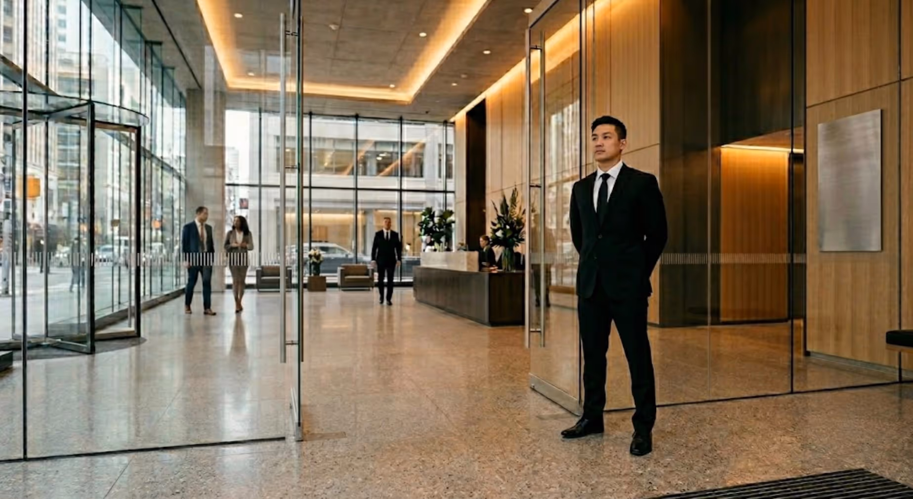 Man in black suit stands alert in a modern office lobby with glass walls and people in the background.
