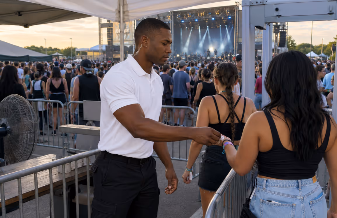 Security guard checking wristband of a woman entering an outdoor concert with crowd and stage in background.