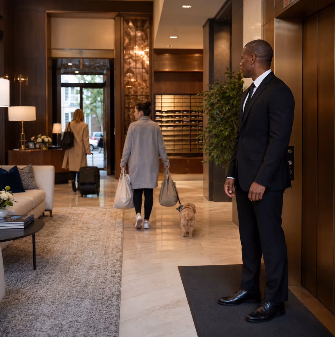 Doorman in black suit stands near elevator as two women walk in lobby, one with dog and bags.