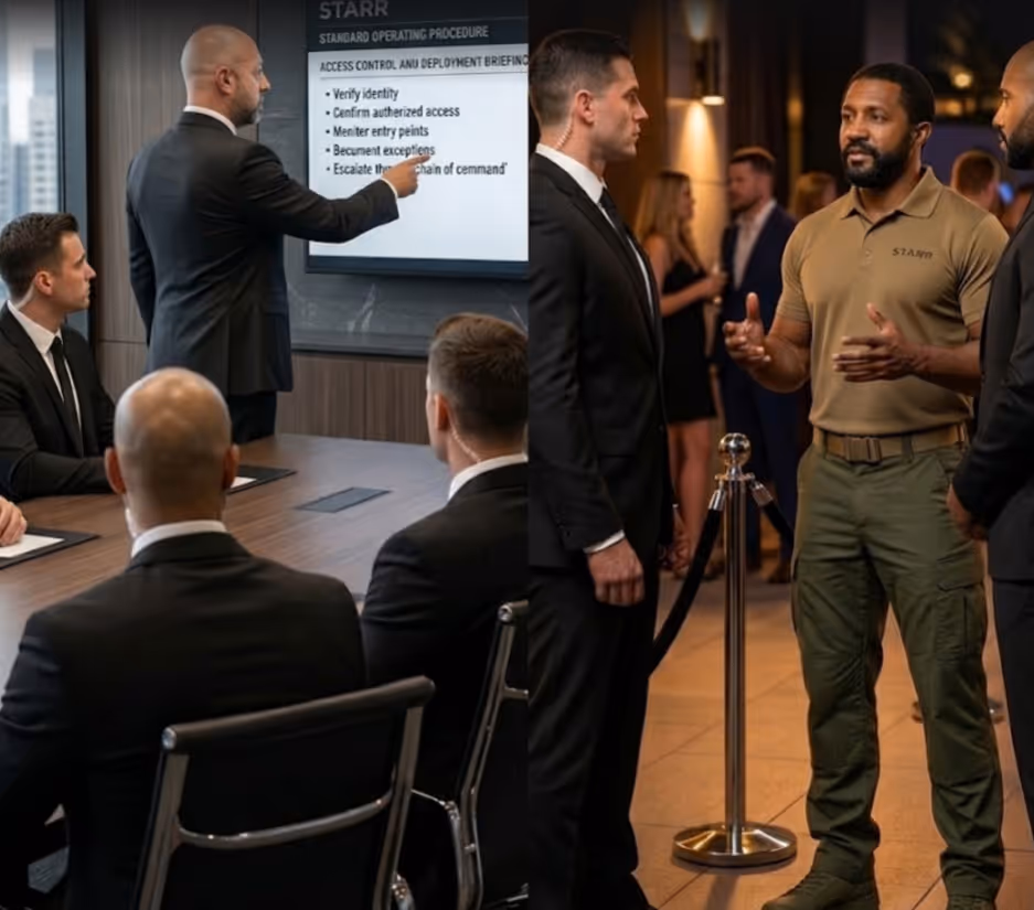 Security staff in suits in a meeting and a security officer in uniform talking to two men at a venue.