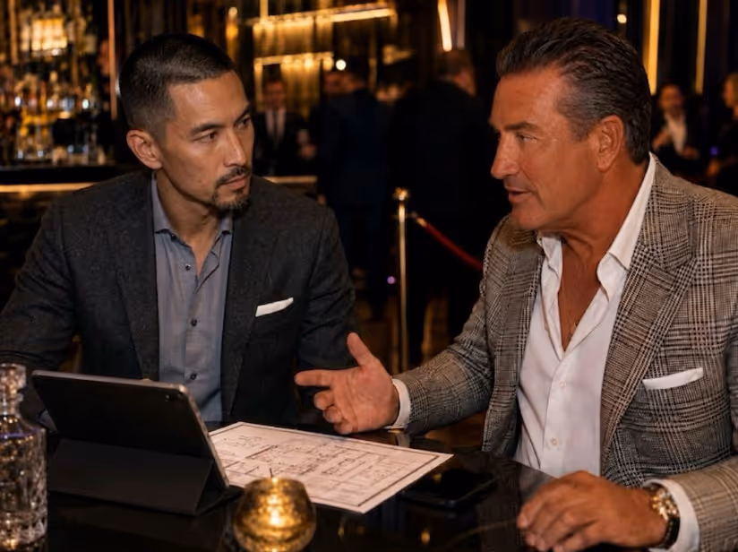 Two men in suits having a serious discussion over documents and tablet at a table in a dimly lit bar.