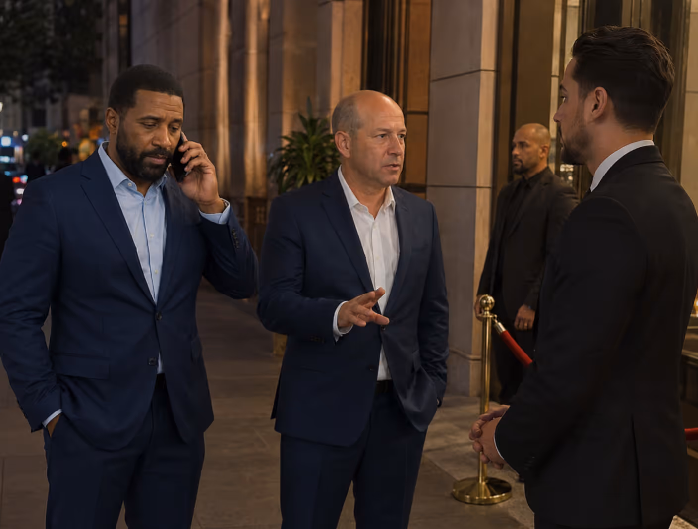 Three men in suits conversing outside a building at night, a fourth man stands in the background.