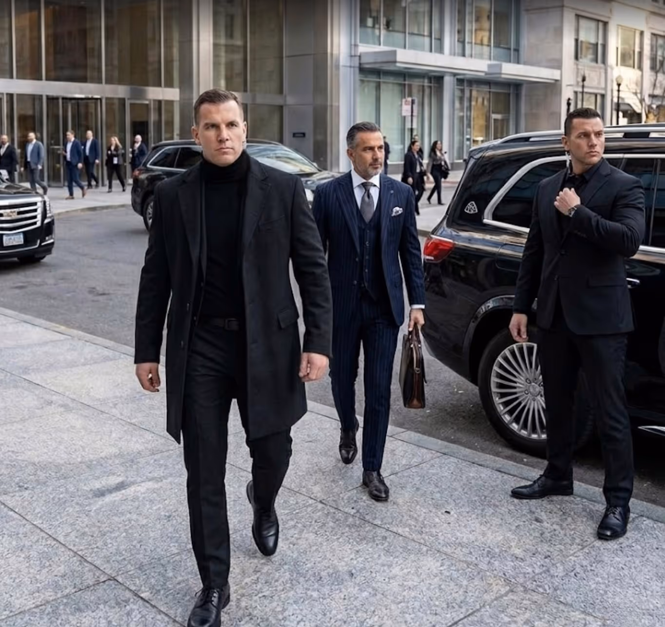 Three men in suits walking on city sidewalk next to black SUVs outside office buildings.