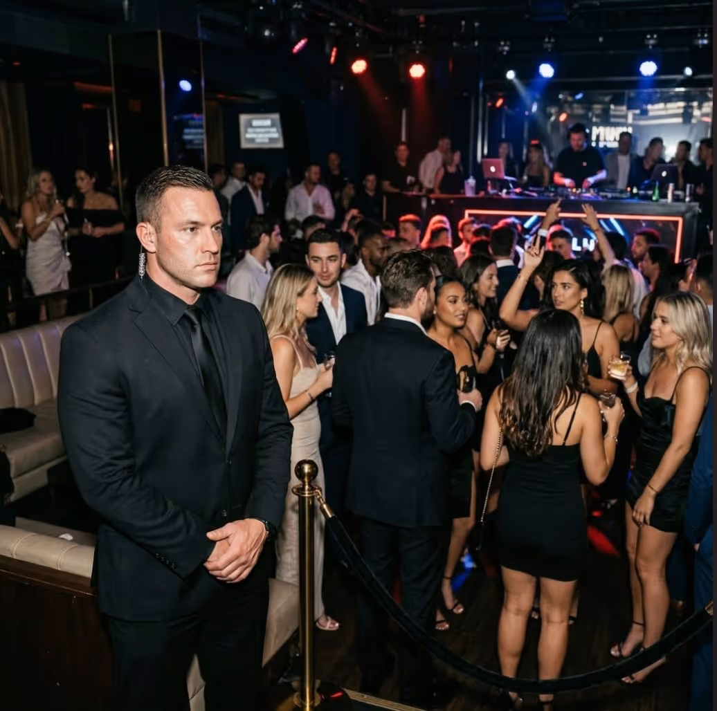 Man in black suit guarding entrance while people socialize and dance near a DJ booth in a nightclub.