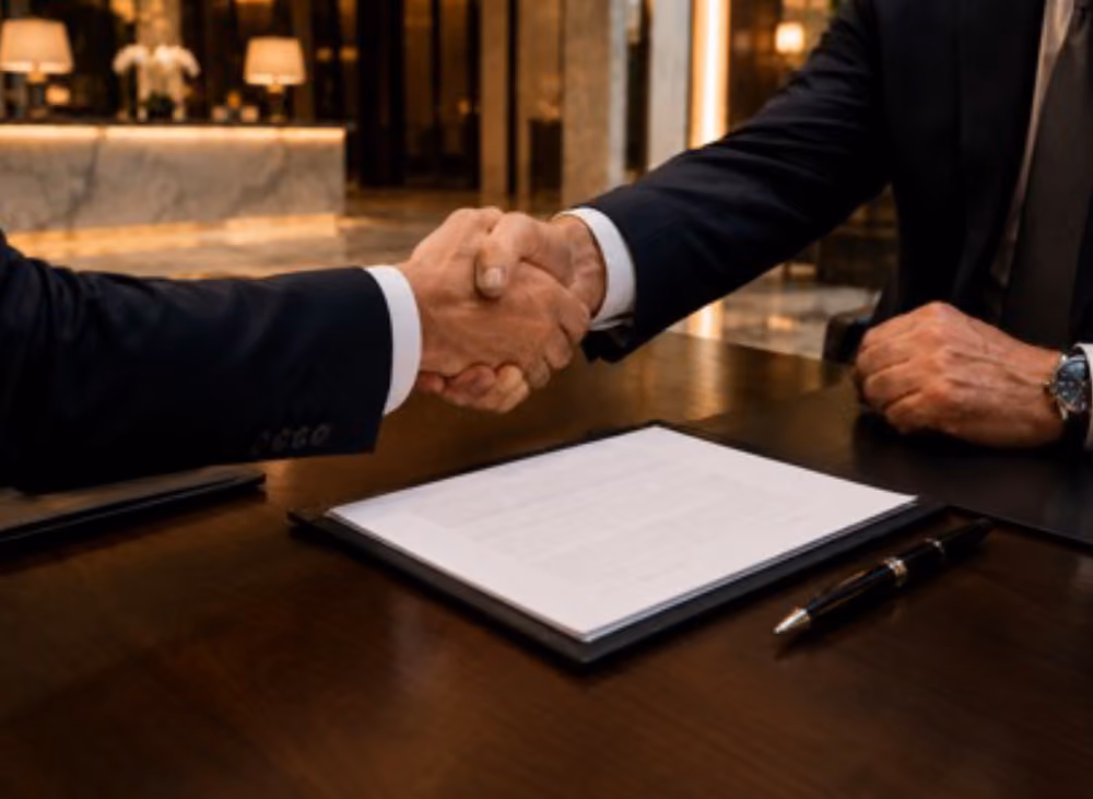 Two men in suits shaking hands over a table with a contract and pen, symbolizing agreement.