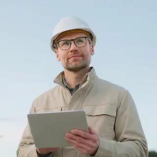 A man in a white hard hat holding a clipboard