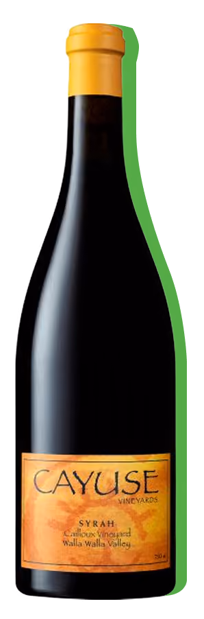 Bottle of Cayuse Vineyards Syrah wine from Cailloux Vineyard in Walla Walla Valley with yellow top and orange label.