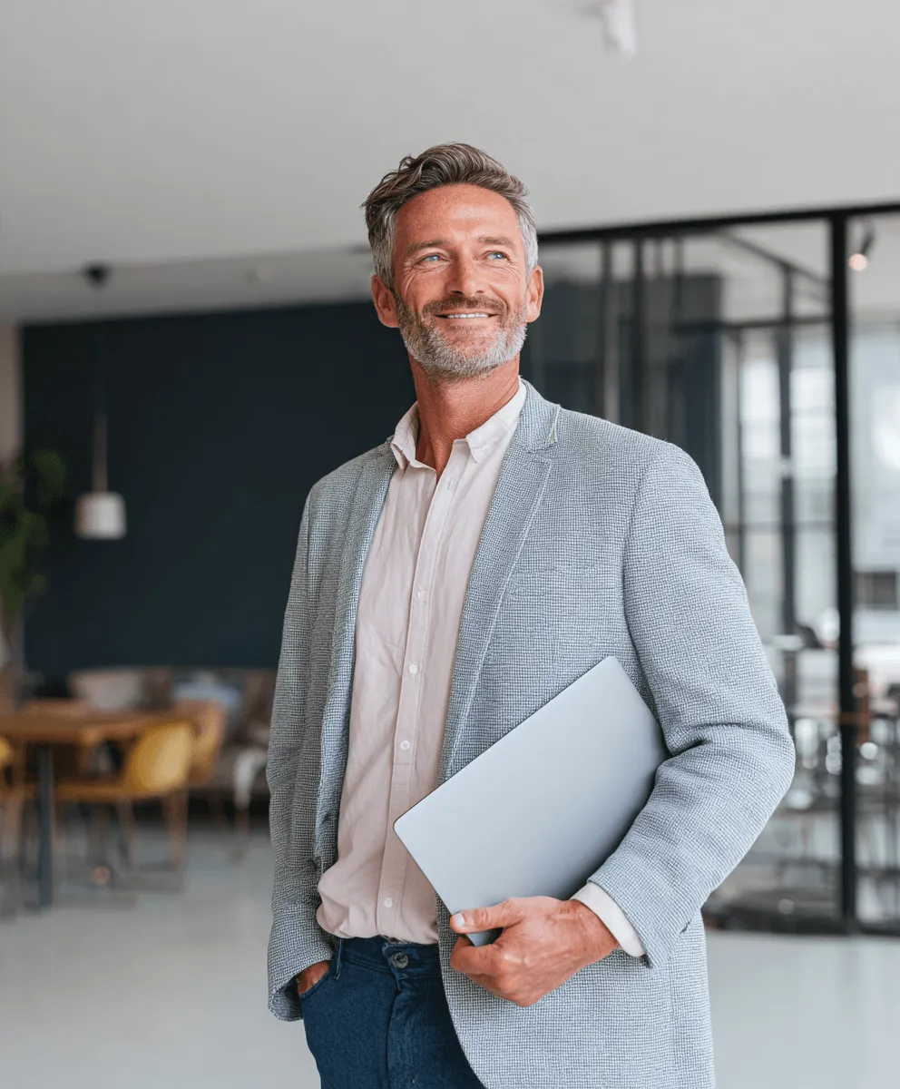 Smiling middle-aged man with gray hair and beard wearing blazer, holding a laptop in a modern office.