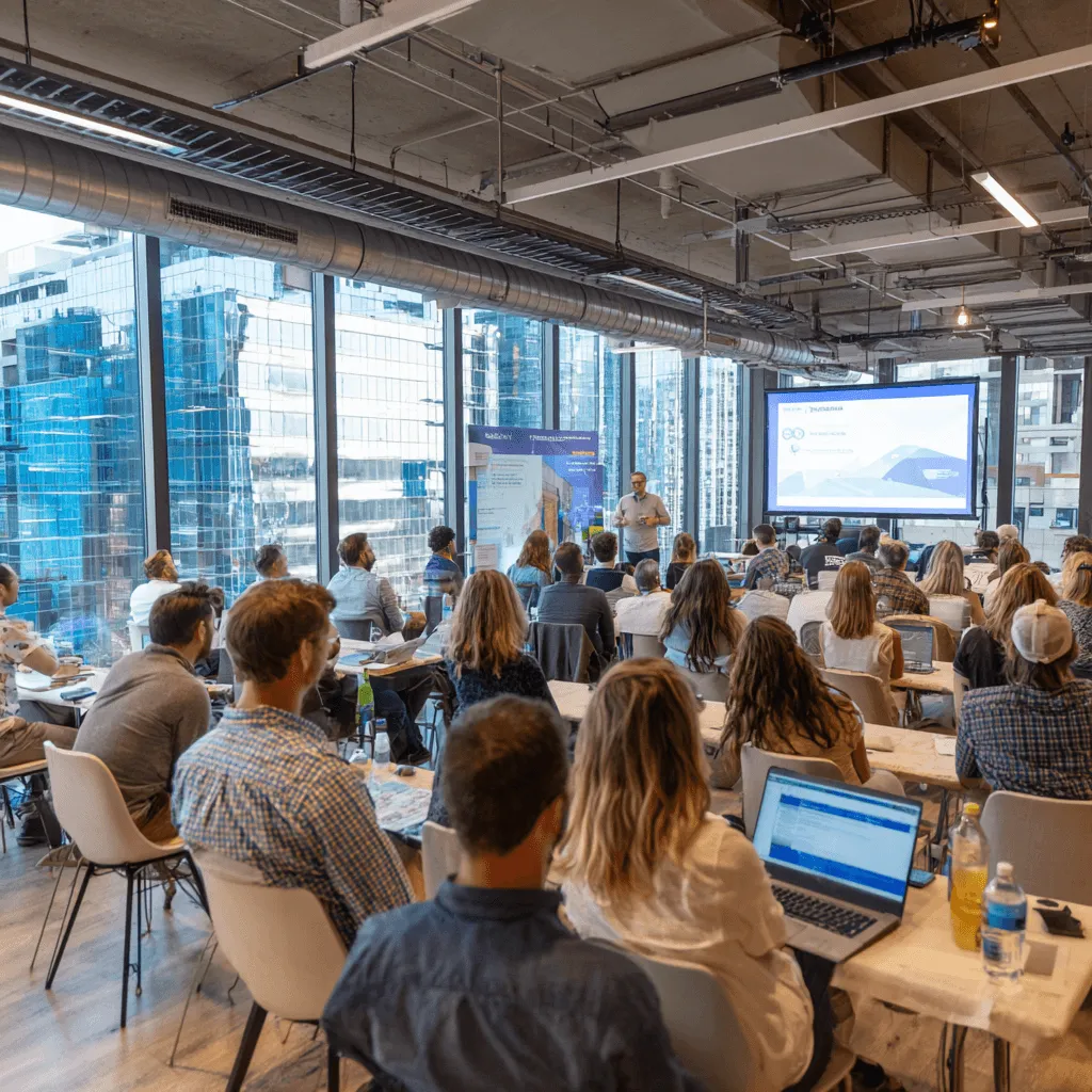 A modern conference room filled with attendees seated facing a presenter and a large screen showing a presentation, with floor-to-ceiling windows revealing a cityscape of skyscrapers.