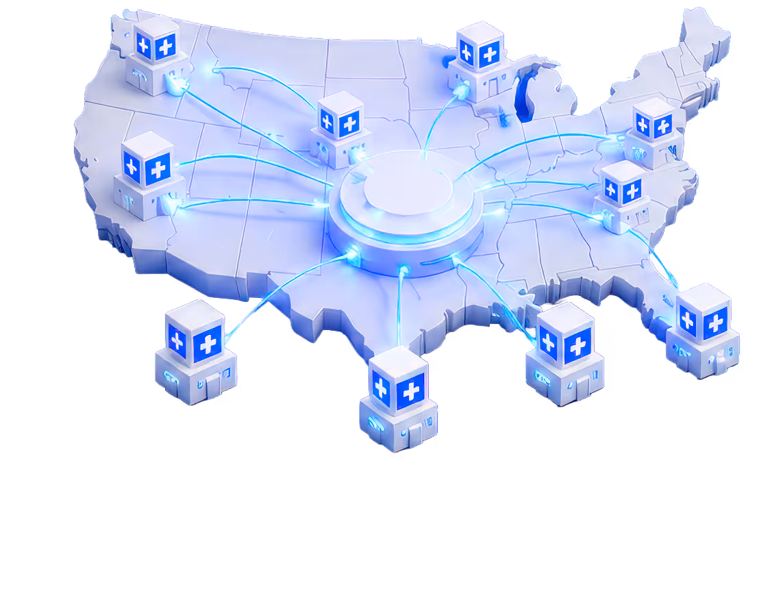 3D map of the US with connected medical buildings signaling a healthcare network infrastructure.