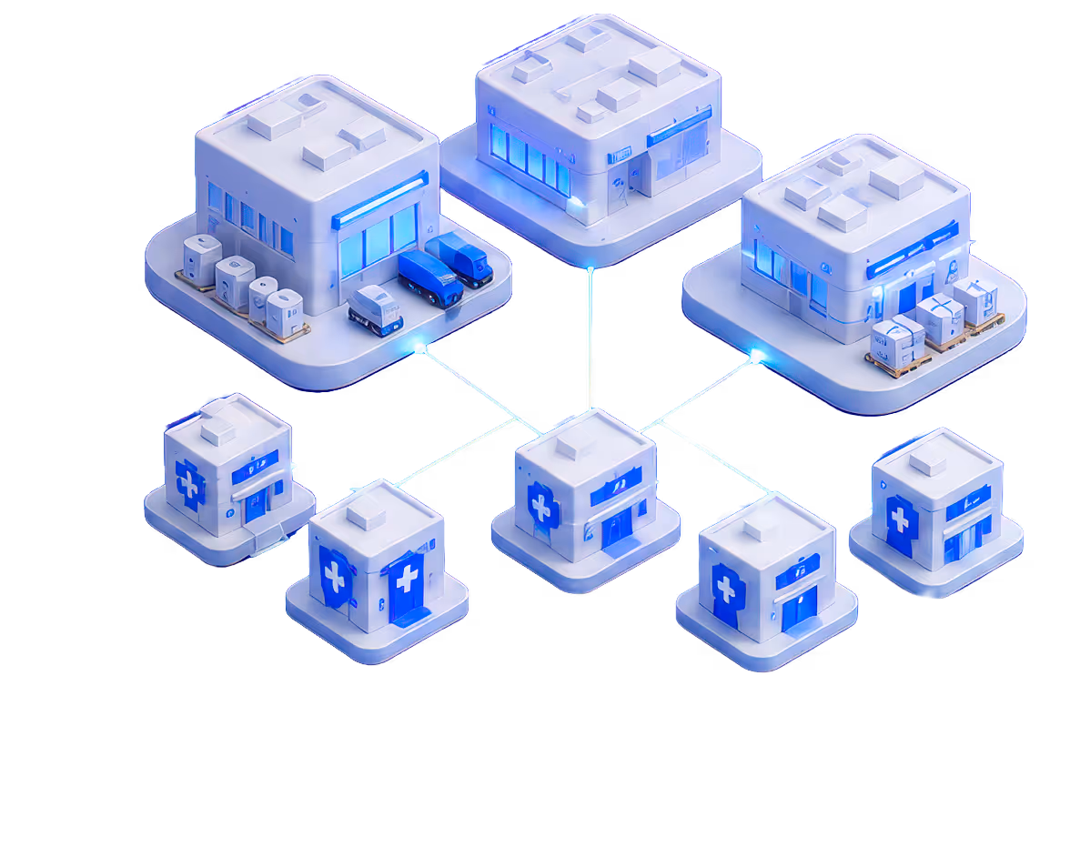 Network diagram linking three warehouse buildings to five smaller healthcare facility buildings with blue lighting effects.