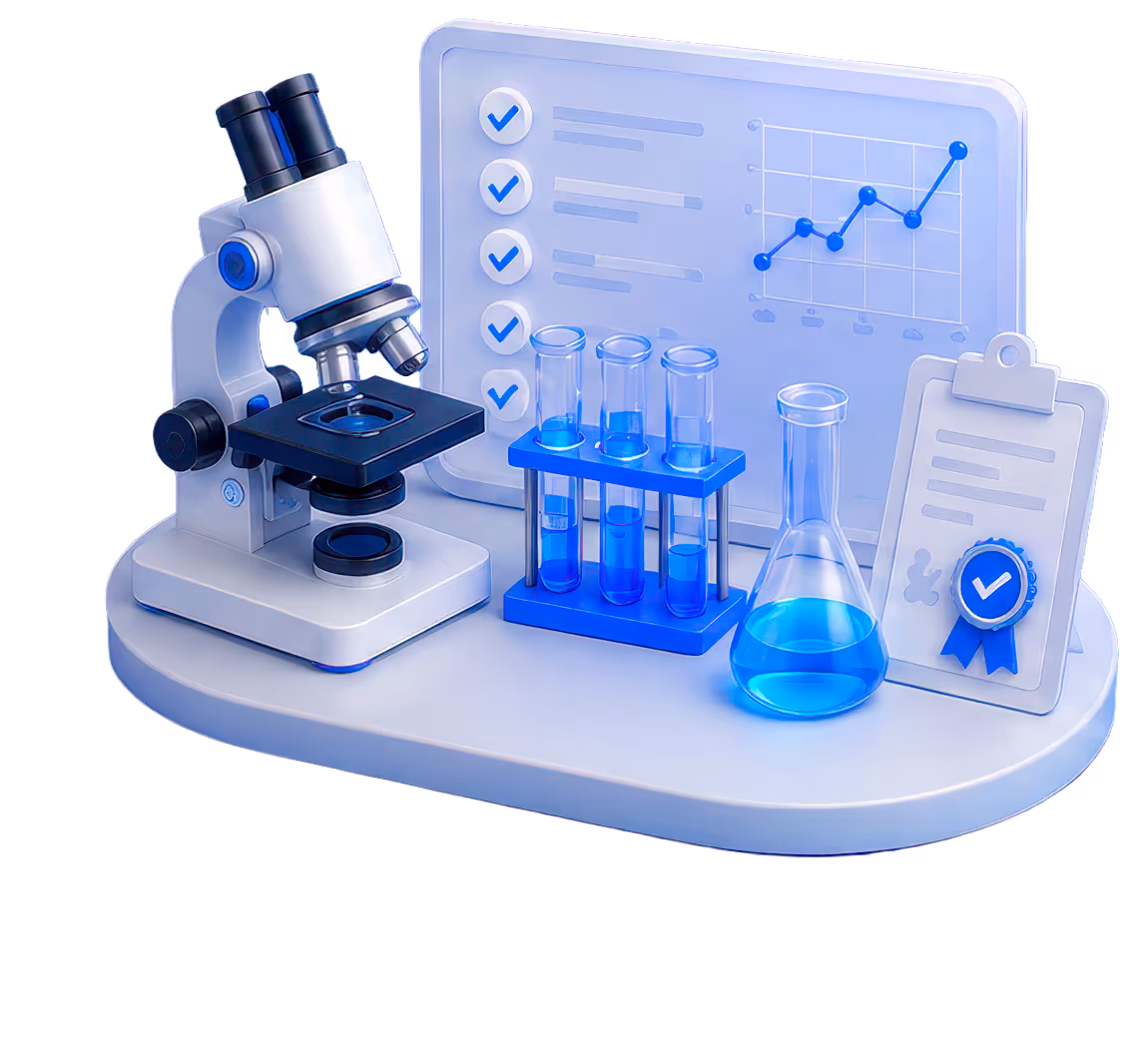 Microscope, blue liquid in test tubes and flask, checklist with blue check marks, and chart showing upward trend.