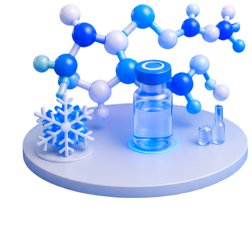 Blue and white molecular model, vaccine vial, and ice crystal on a round white platform.