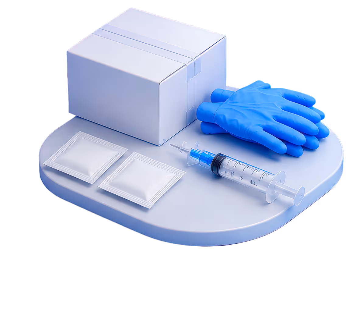 Syringe, blue medical gloves, two sealed sachets, and a white box on a rounded platform.