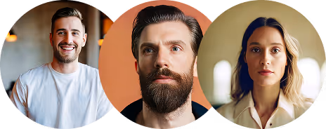 Three portraits of diverse adults with neutral and smiling expressions in circular frames.