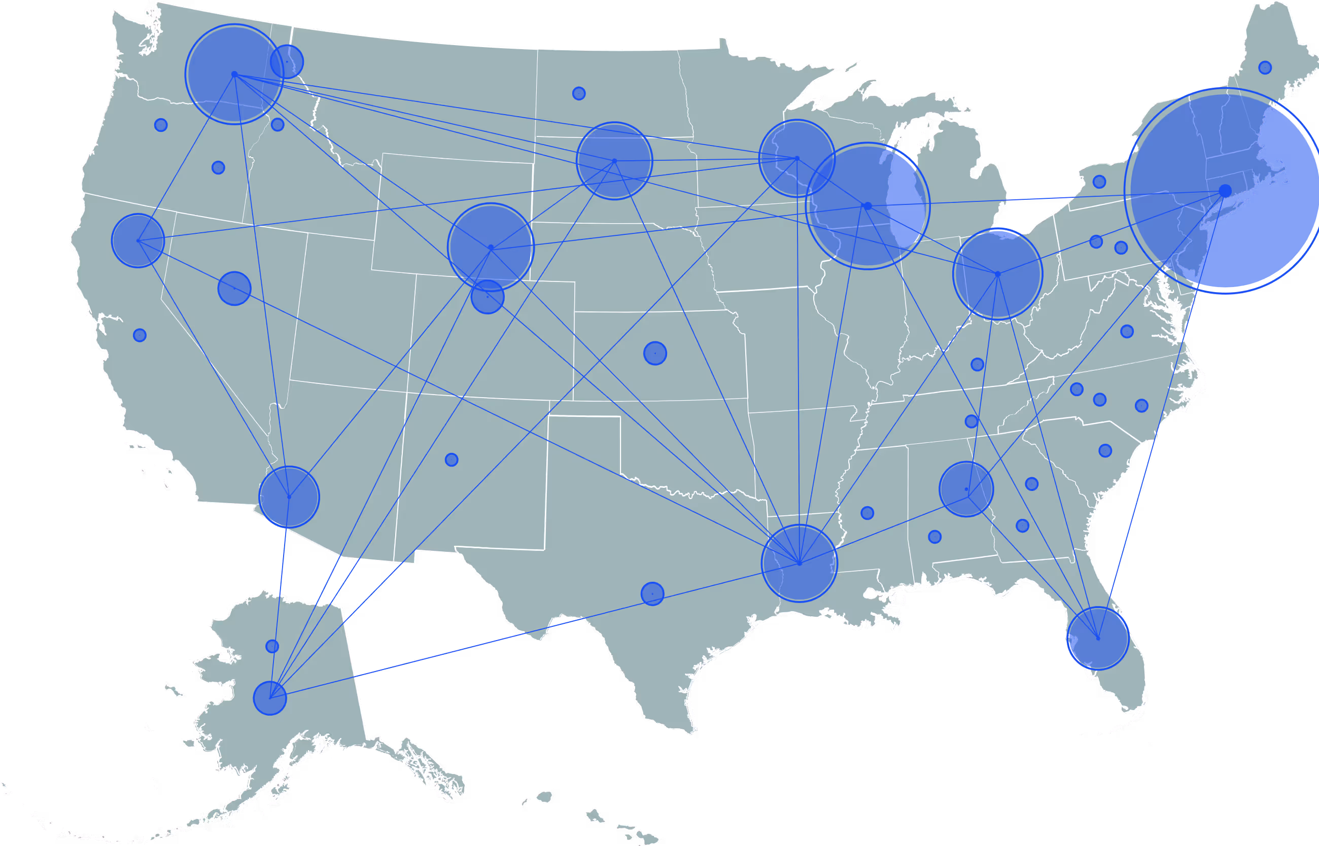 Map of the US showing blue connected circles indicating a network across multiple states.