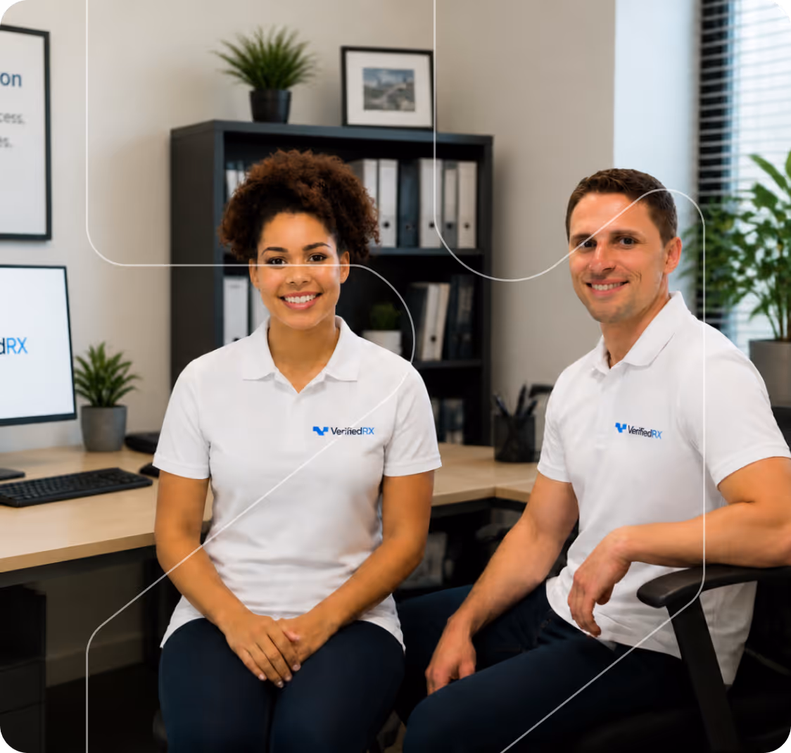 Smiling man and woman in white VerifiedRX shirts sitting in modern office with plants and bookshelves.