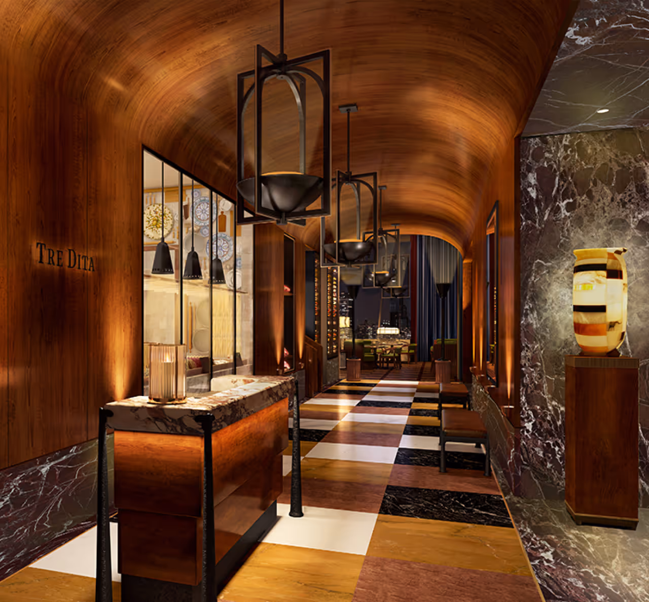 Elegant restaurant corridor with wooden curved ceiling, hanging lamps, marble accents, and a checkered floor.