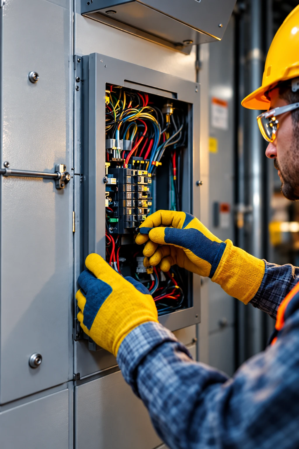 Técnico fazendo manutenção em quadro elétrico de provedor de internet