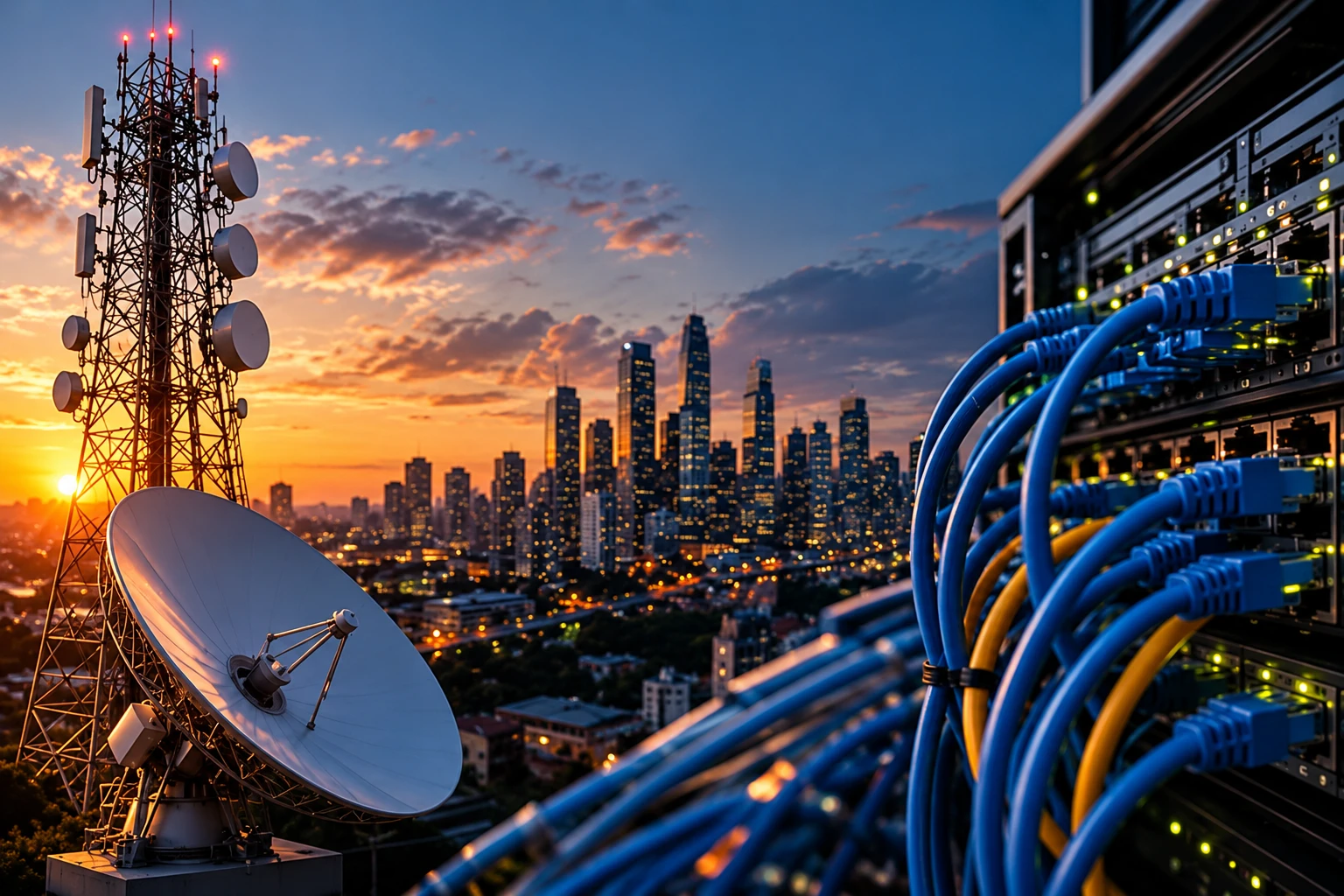 Cidade ao entardecer com antena de telecomunicação e cabos de rede