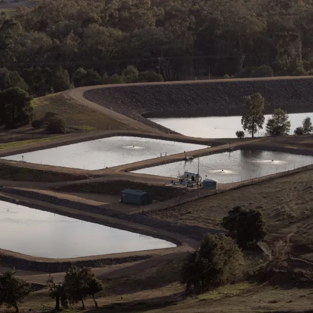 Aerial view of aeration ponds at a water treatment plant, a sector Podium Automation builds control panels for.