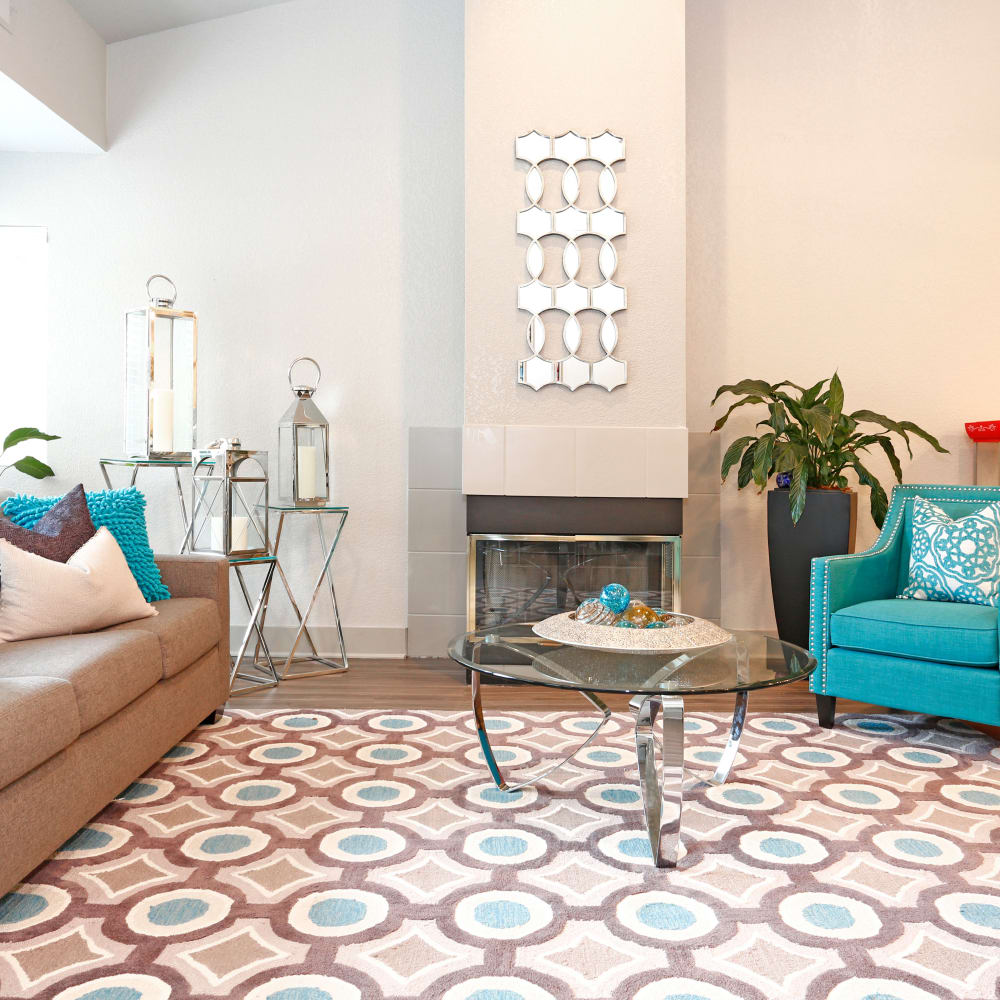 Clubhouse seating area with sofa and coffee table