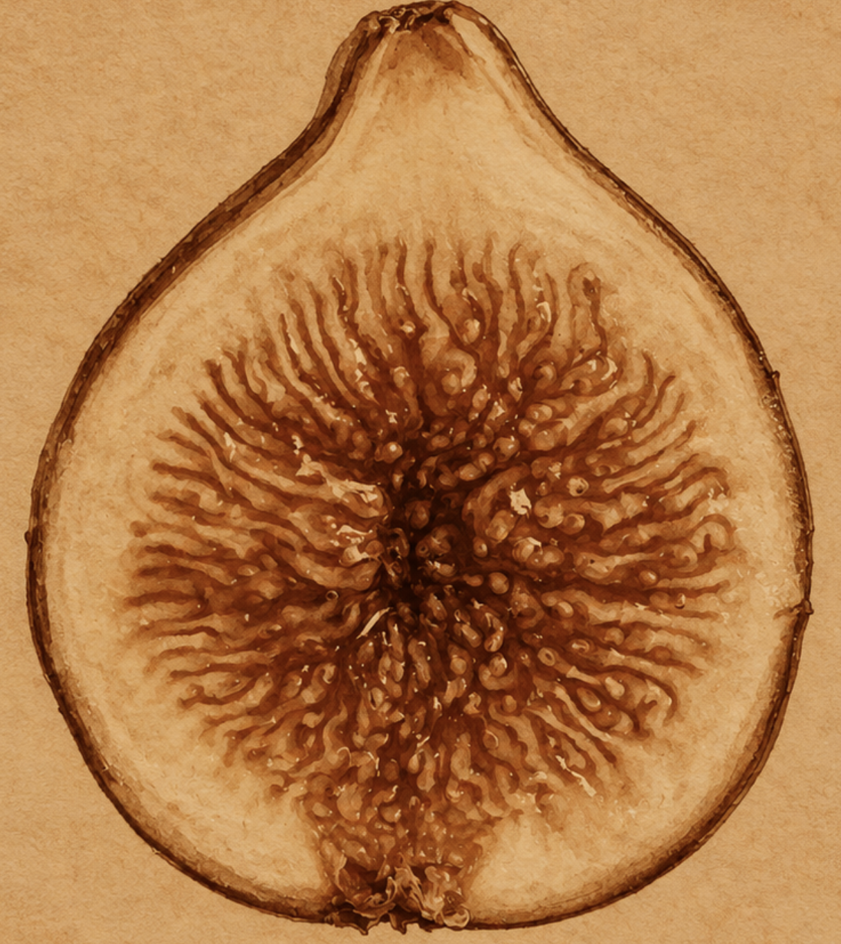 watercolor illustration of a fig sliced in half