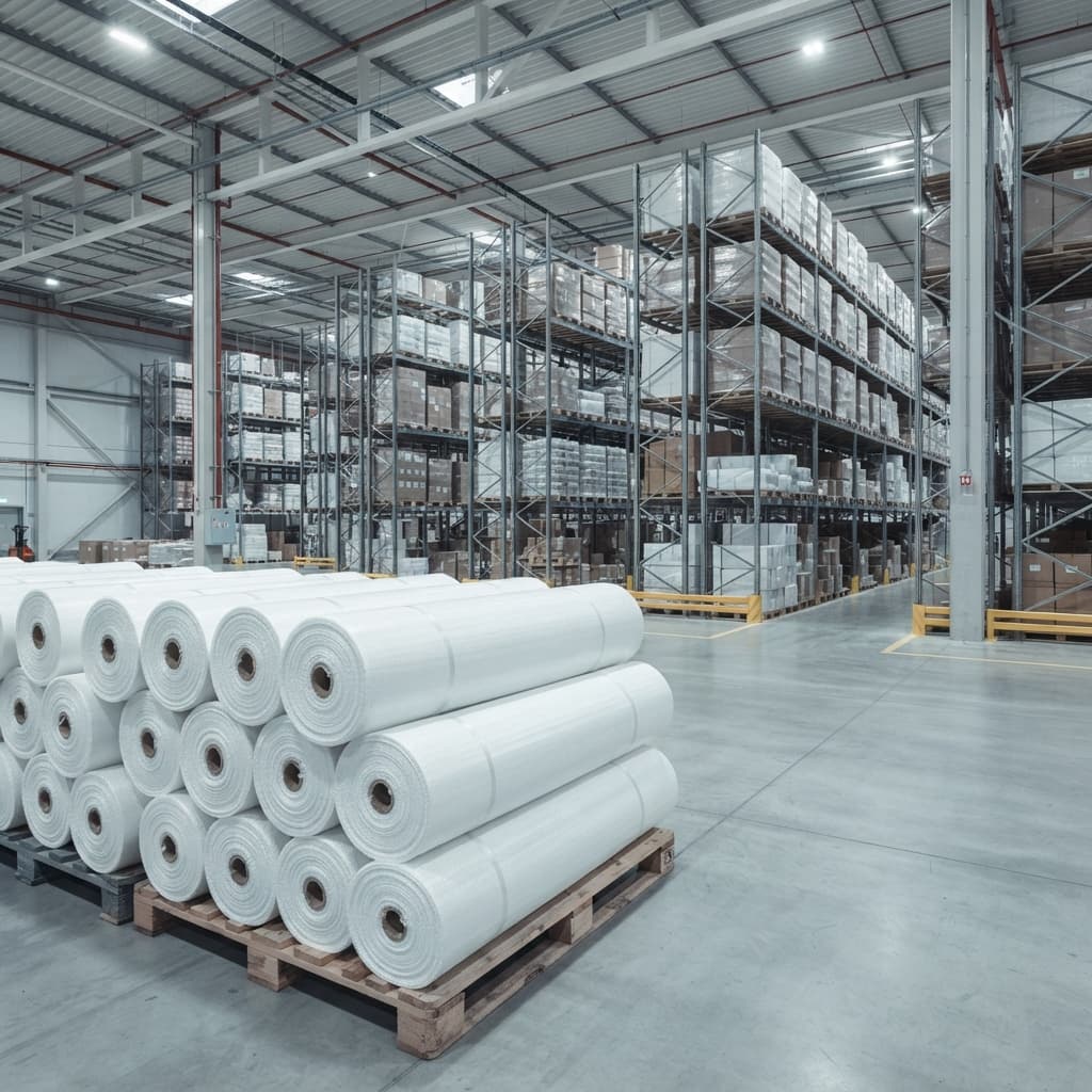 Rolls of white cross-woven vapor barrier material stacked on pallets inside a clean, well-lit warehouse