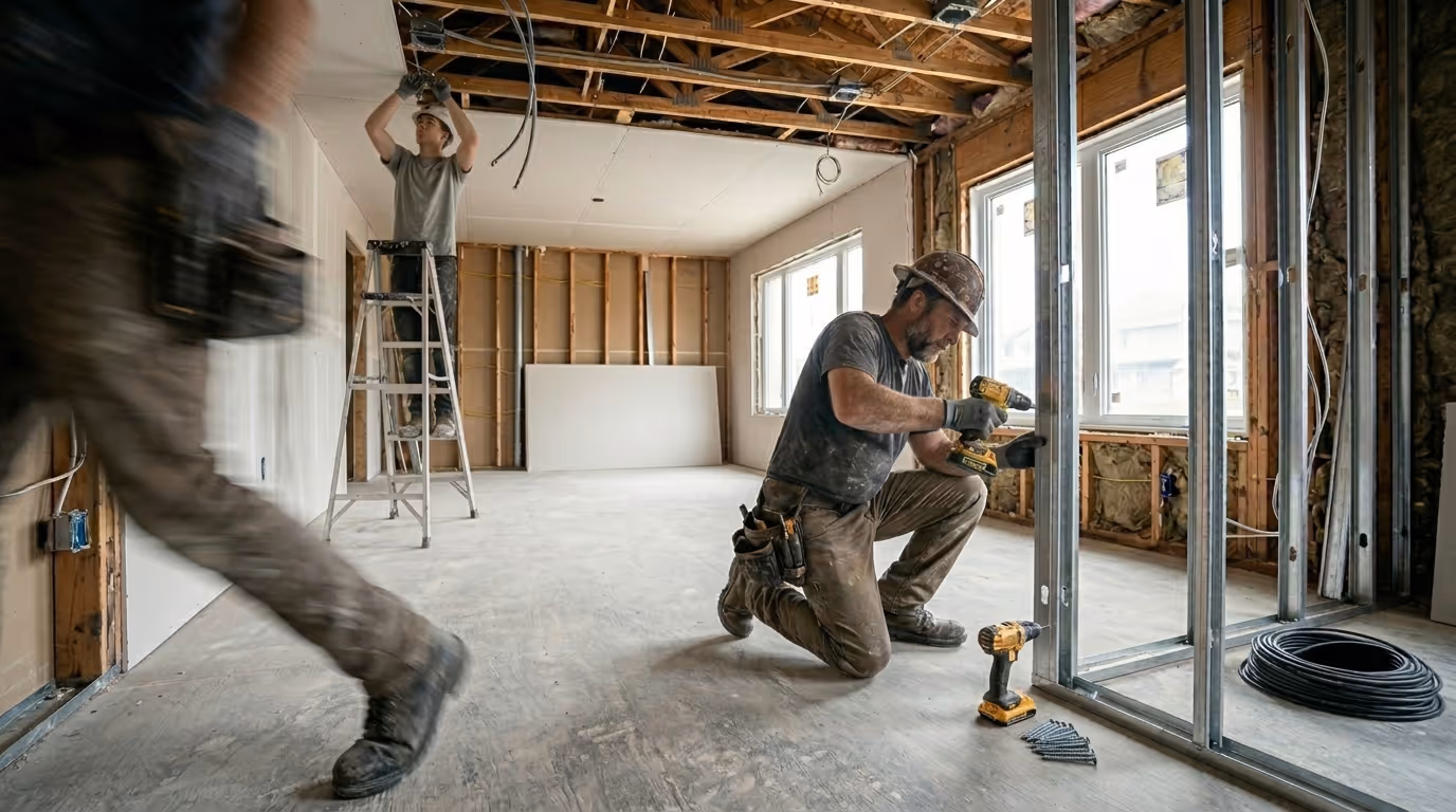 Construction workers installing drywall and metal framing in a room under renovation.