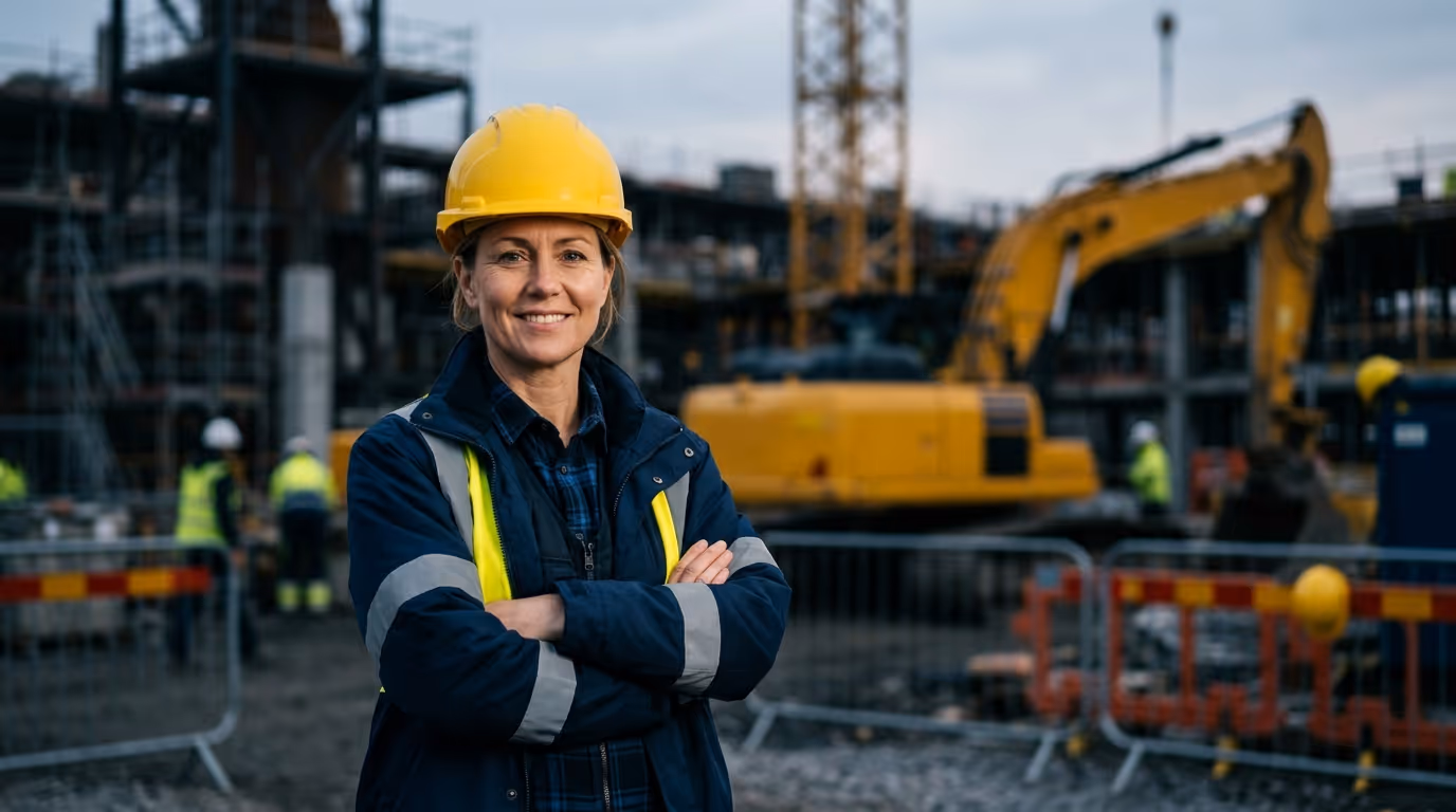 Female construction manager wearing a yellow hard hat and safety jacket standing with arms crossed at a building site with machinery and workers in the background.