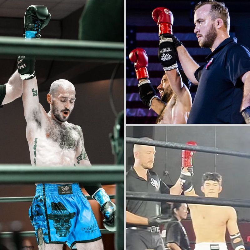 Alliance Thai Boxing Academy fighters having their hands raised after winning Muay Thai fights