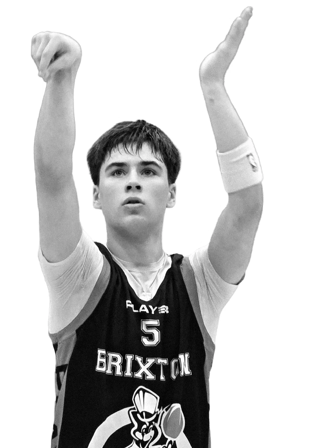Brixton Topcats player in a red kit with arms raised