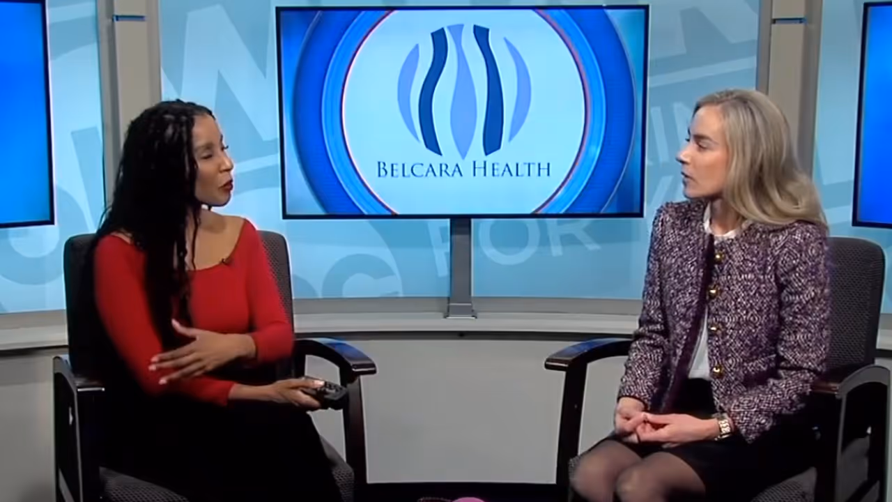 The logo features the text 'Belcara Health' in stylized font, accompanied by three wavy lines above the text, symbolizing health and wellness.