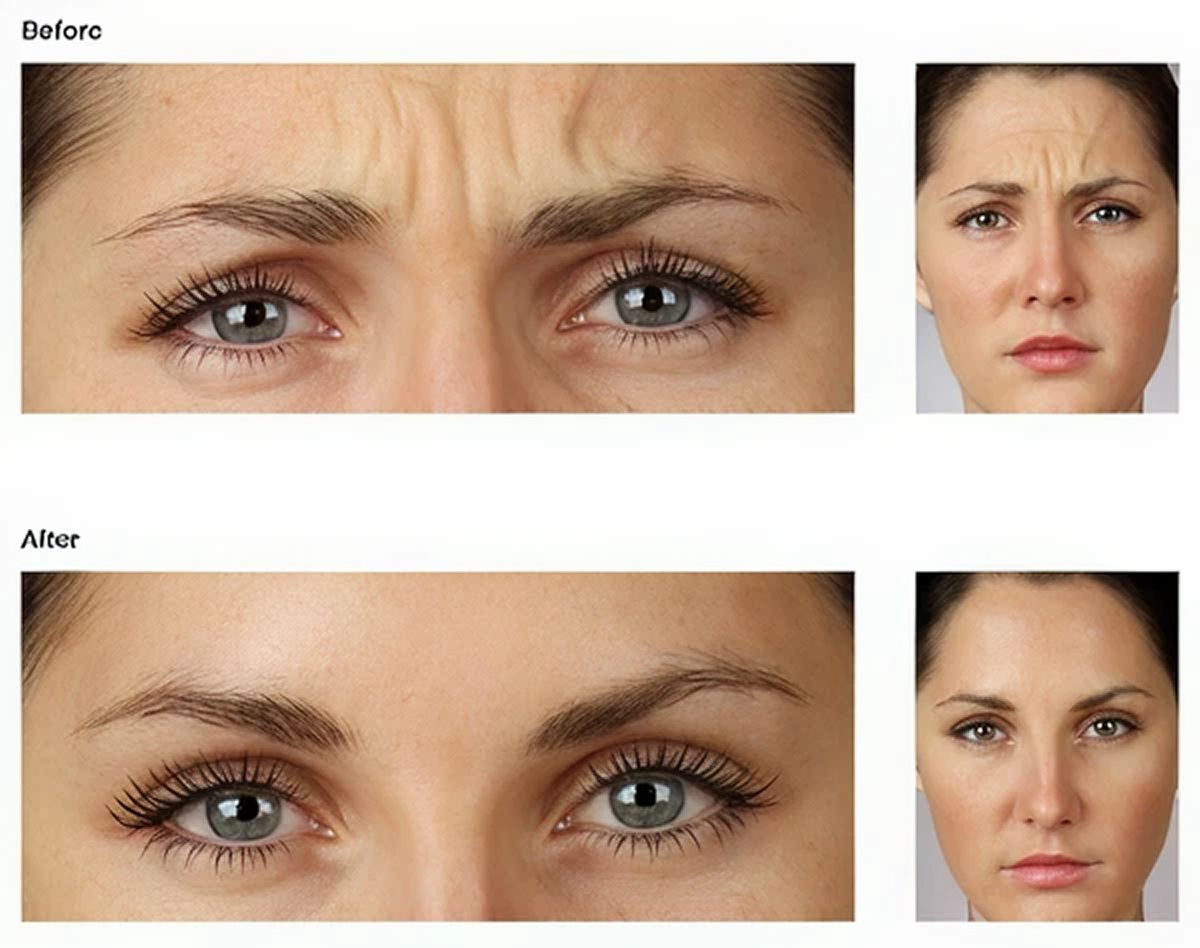 An image showing two sections labeled 'Before' and 'Alter'. The 'Before' section displays a close-up of a woman's forehead showing noticeable wrinkles and frowning expression. The 'Alter' section depicts the same woman with a smoother forehead and relaxed.