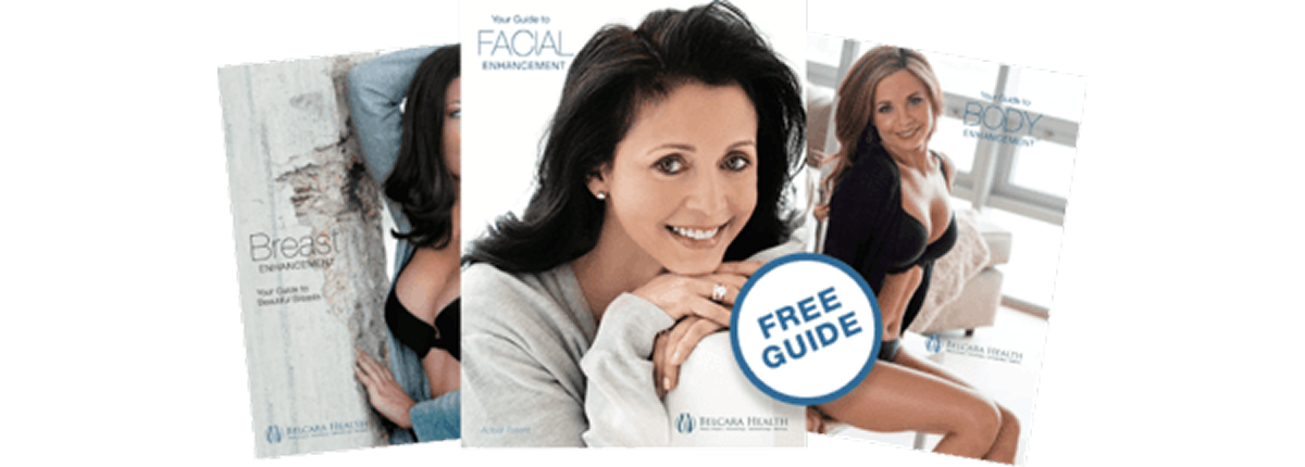 Three brochures featuring a smiling woman in a gray sweater. The left brochure is titled 'Your Guide to Breast Enhancement', the middle one reads 'Your Guide to Facial Enhancement', and the right one states 'Your Guide to Body Enhancement'.